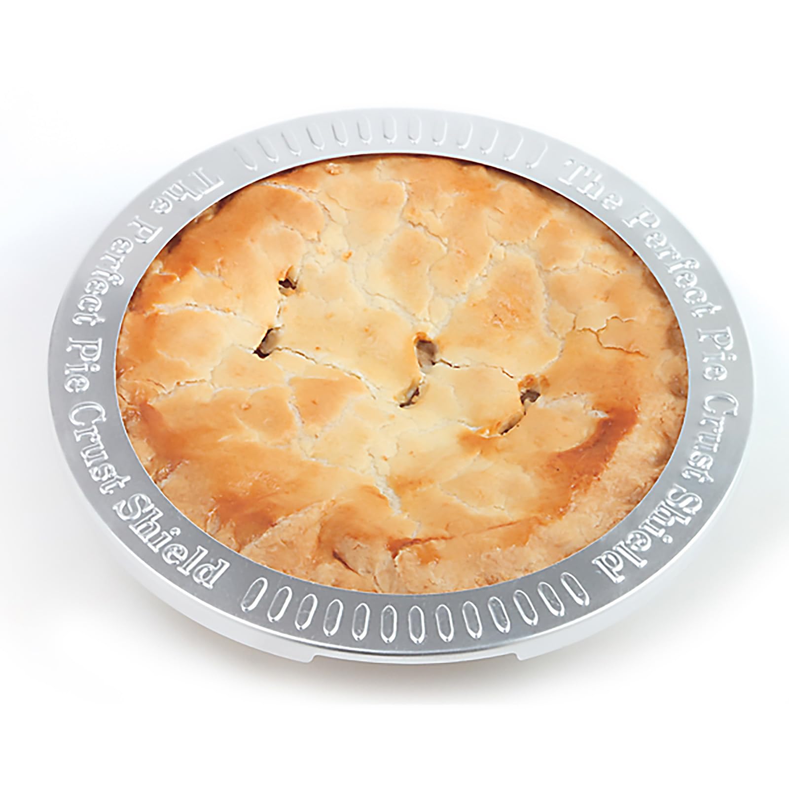 Norpro aluminum pie crust shield on pie during bake prevents burns.