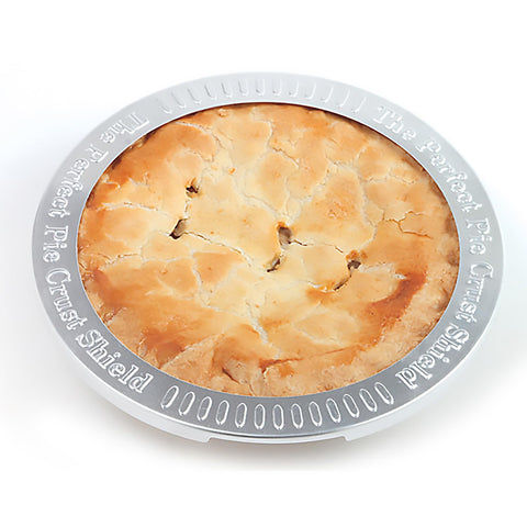 Norpro aluminum pie crust shield on pie during bake prevents burns.