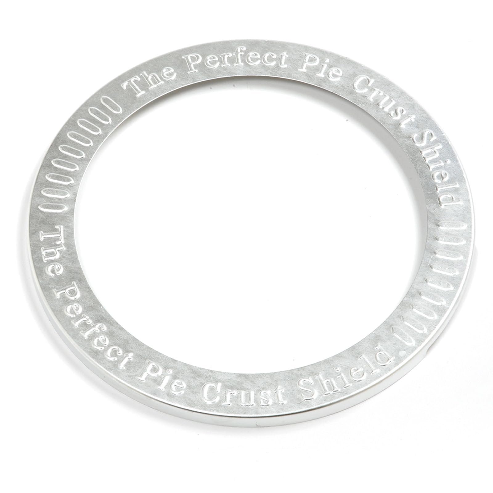 Norpro aluminum pie crust shield in top view protecting crust evenly.