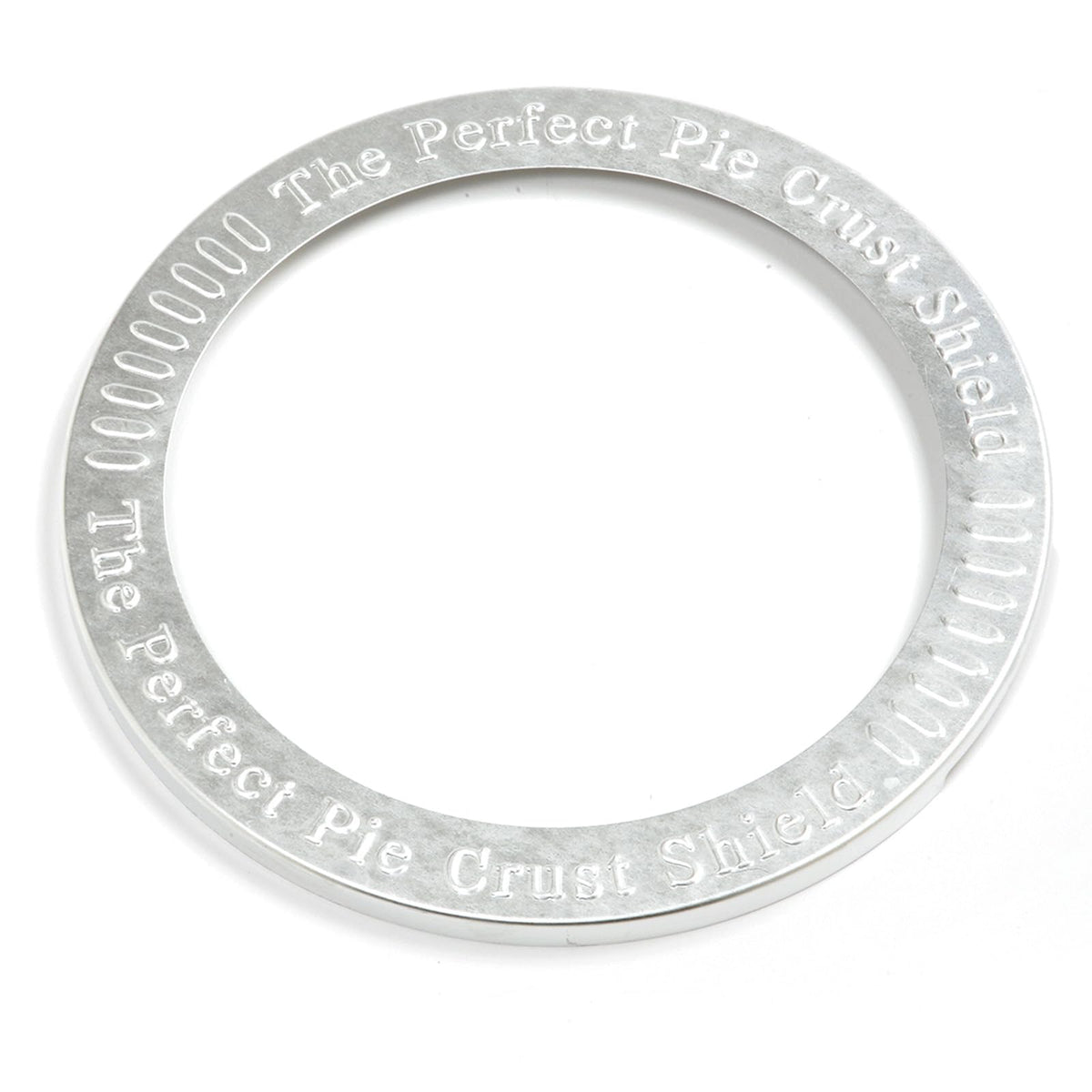 Norpro aluminum pie crust shield in top view protecting crust evenly.