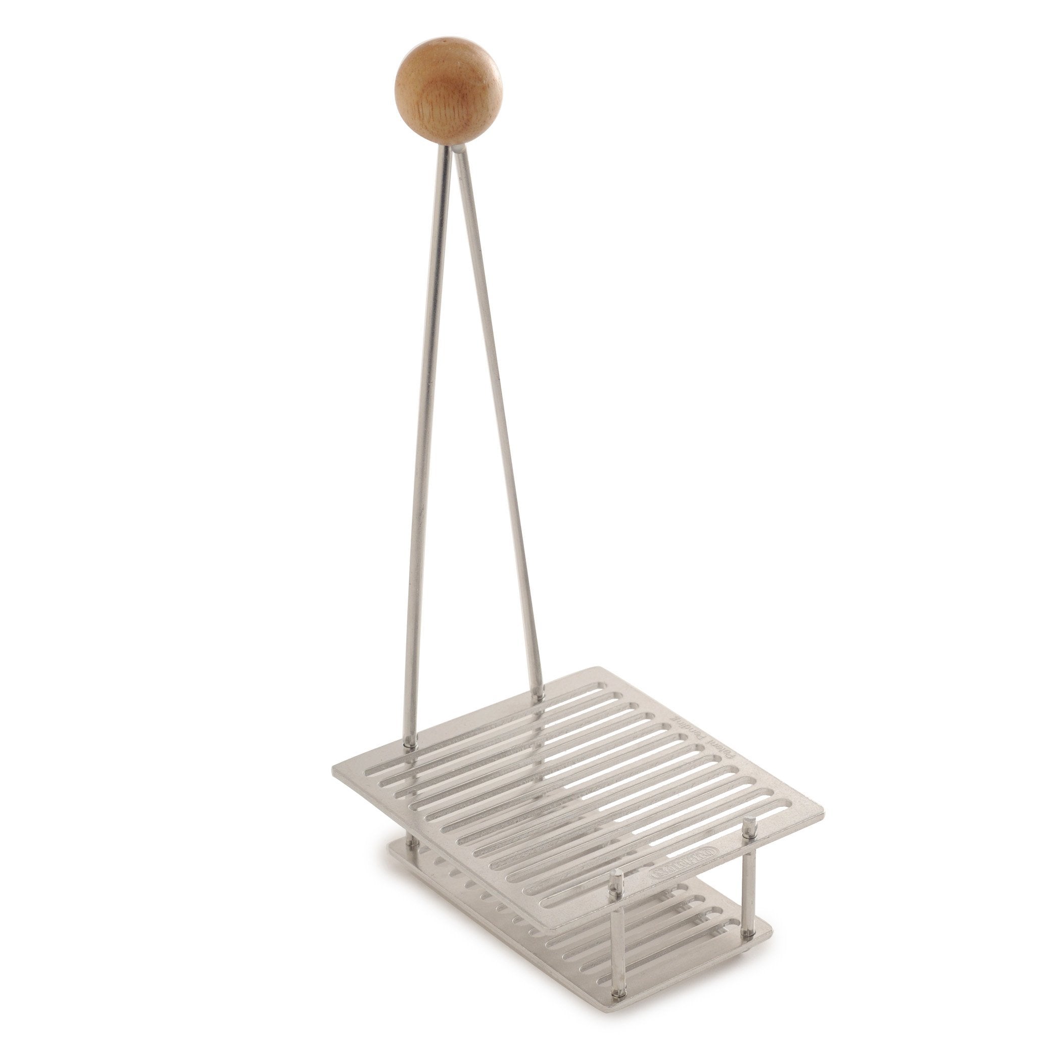 Norpro lid rack with handle keeps hands away from boiling water during processing.
