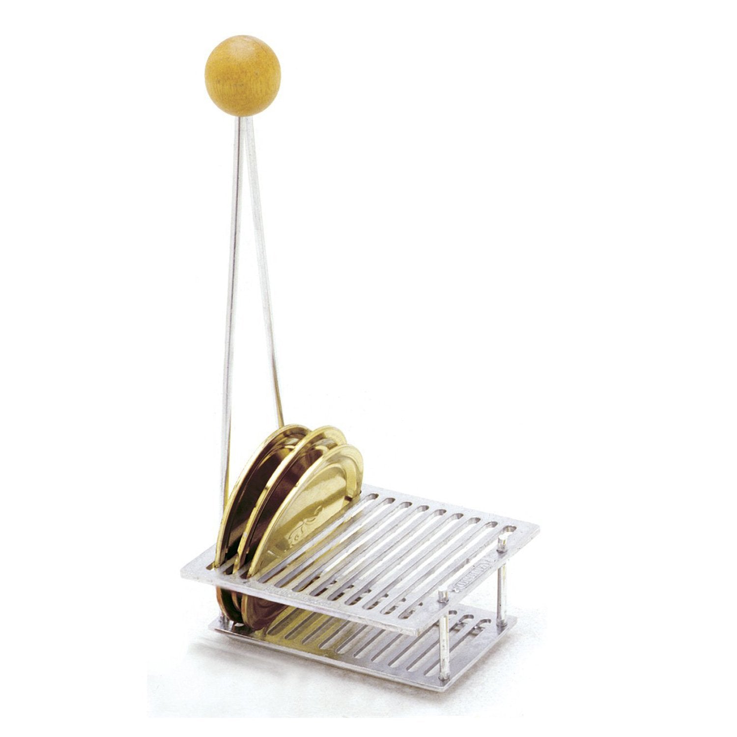 Norpro canning lid rack with lids in rack, organized for quick sterilization.