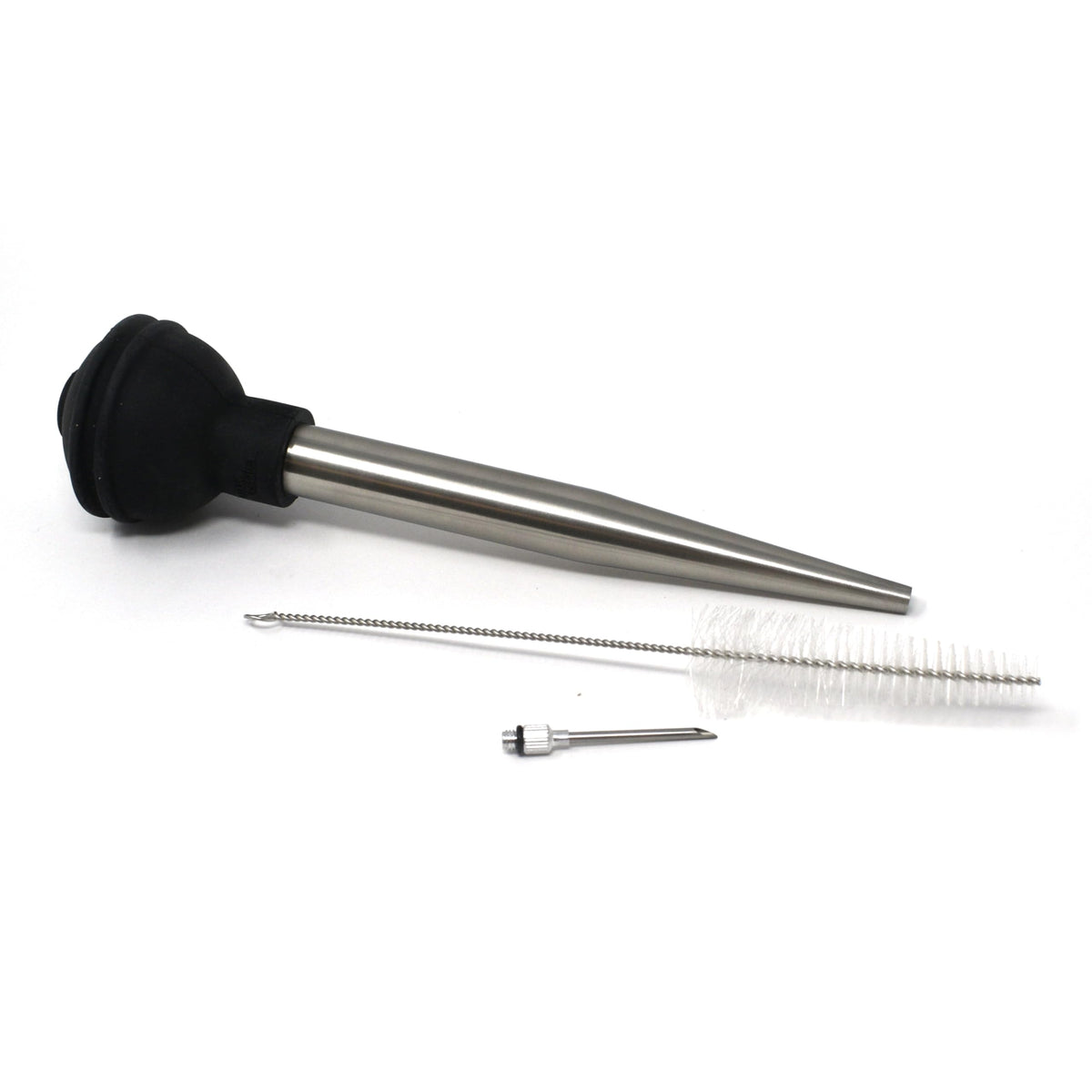 Norpro deluxe stainless baster with injector in hand for juicy roasts