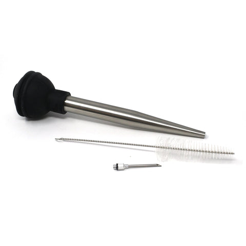 Norpro deluxe stainless baster with injector in hand for juicy roasts