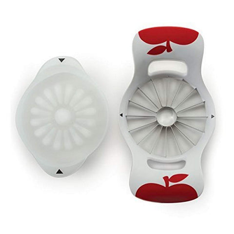 Norpro Grip-Ez Fruit Wedger demonstrates 16 even slices on the push plate for quick prep.