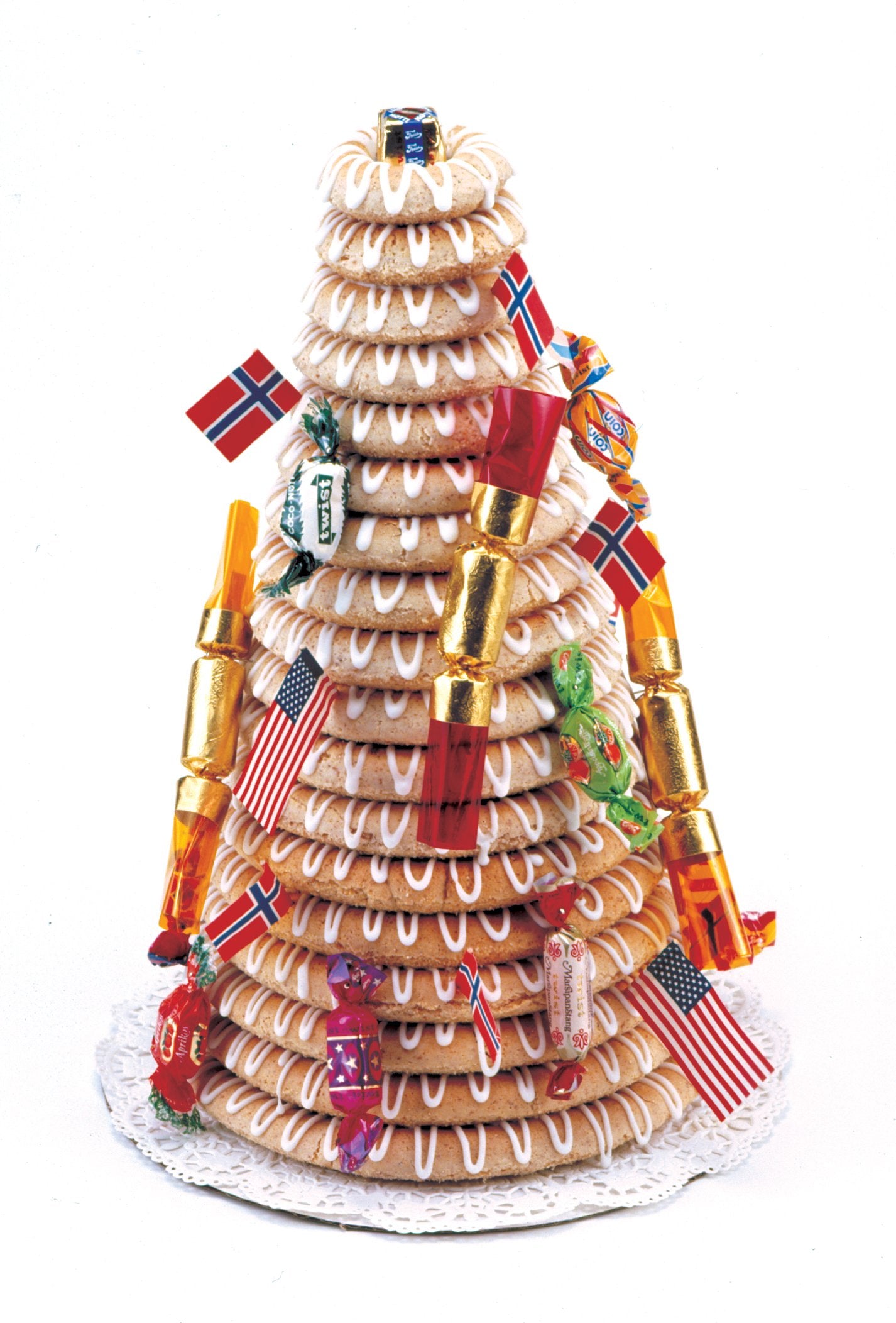Norpro kransekake multi-layer wreath illustration highlighting height and even edges.