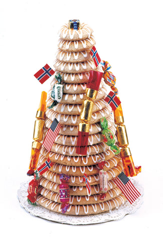 Norpro kransekake multi-layer wreath illustration highlighting height and even edges.