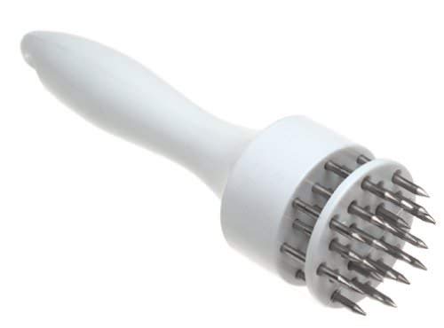 Norpro tenderizer in action showing heavy-prong tool breaking tough fibers.