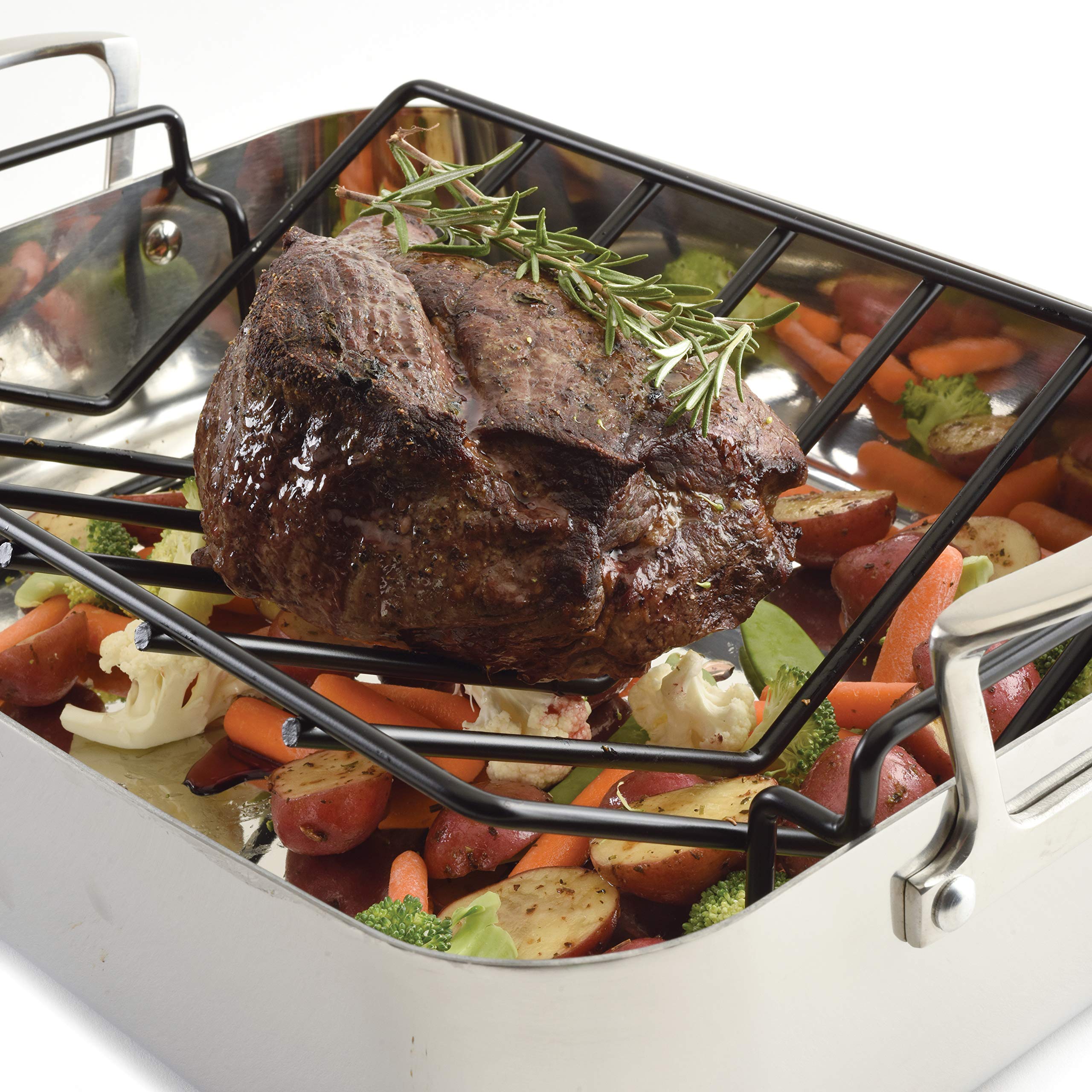 Norpro roasting rack showing large side handles for easy lifting from oven