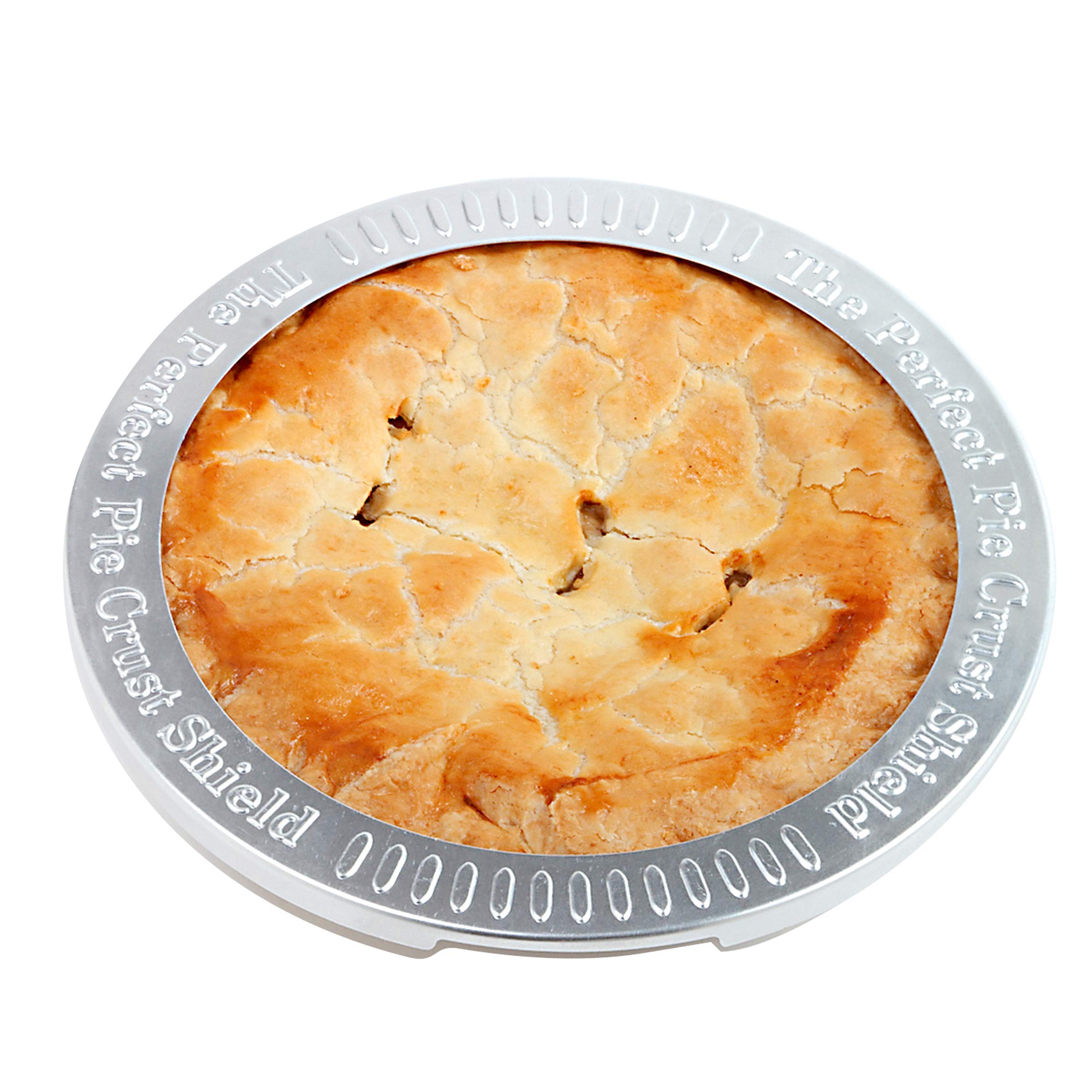 Norpro pie crust shield on pie demonstrates even edges and reduced spill risk