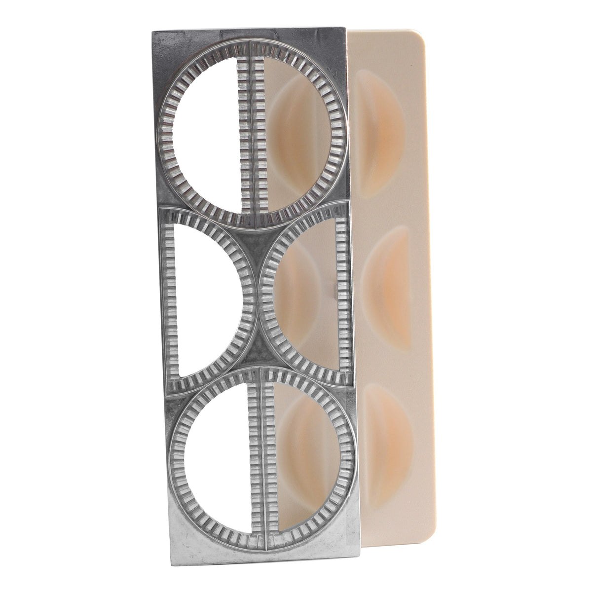 Norpro pierogi maker press shapes six evenly formed dumplings.