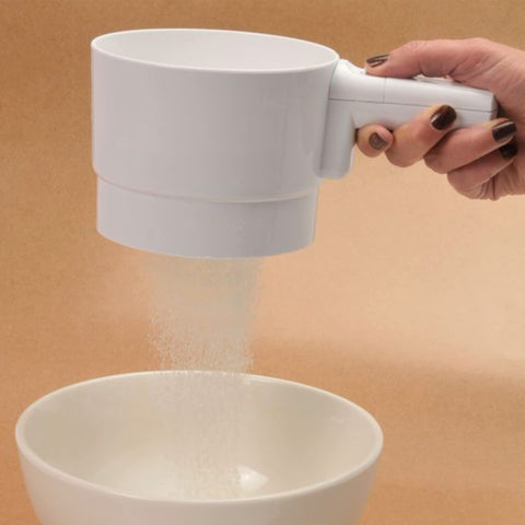 Norpro sifter showing stainless steel mesh for precise flour sifting