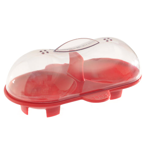 Norpro silicone microwave double egg poacher red with clear lid for easy monitoring.