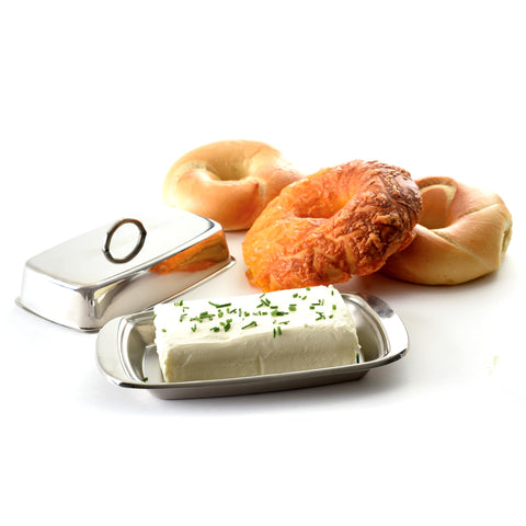 Norpro butter dish on counter ready for serving at meals.