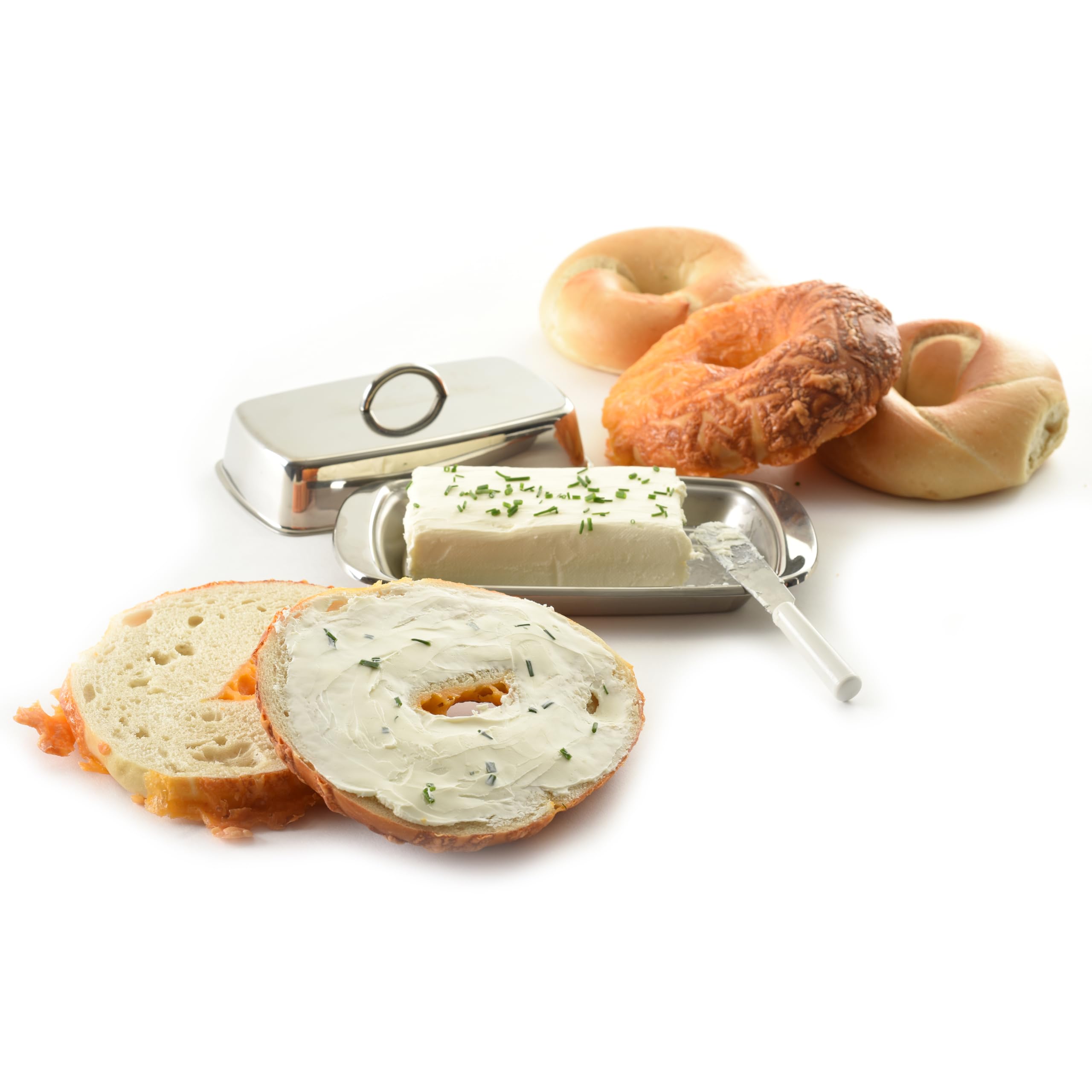 Norpro butter dish with cover on display, protects butter from contamination.