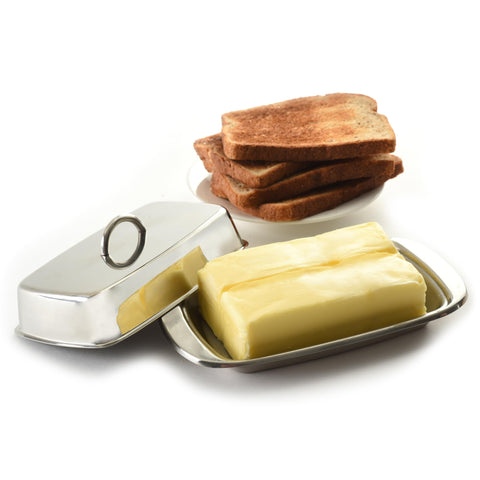 Norpro butter dish side view highlighting sleek, durable finish for daily use.