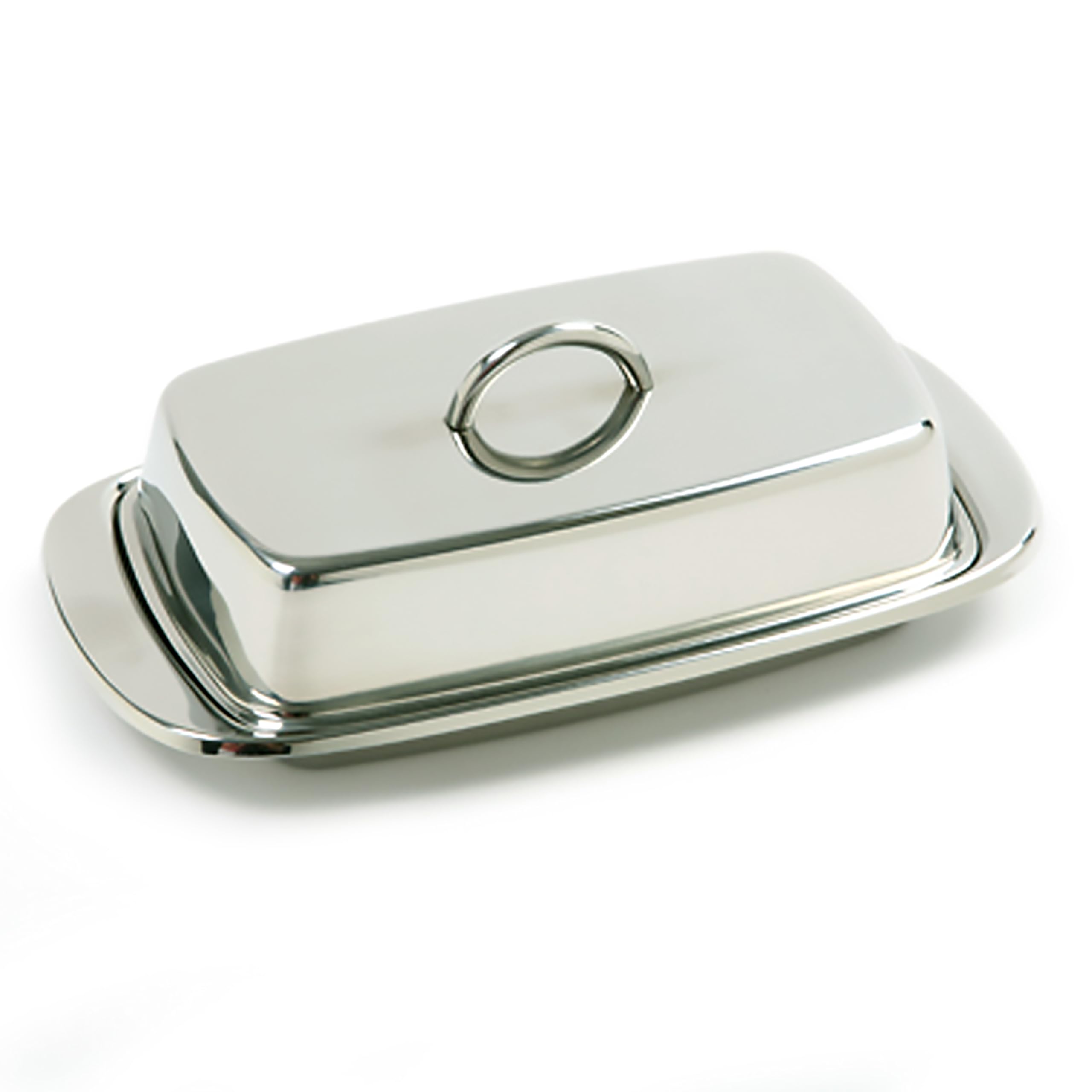 Norpro stainless steel butter dish, top view showing elegant table-ready storage.
