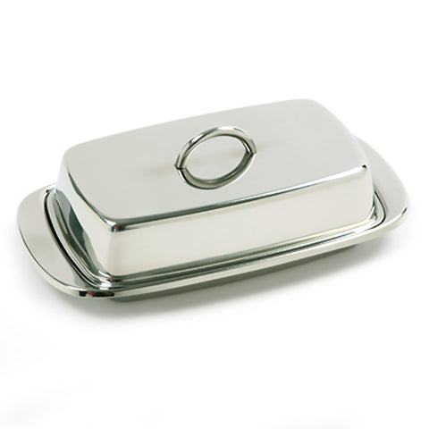 Norpro stainless steel butter dish, top view showing elegant table-ready storage.