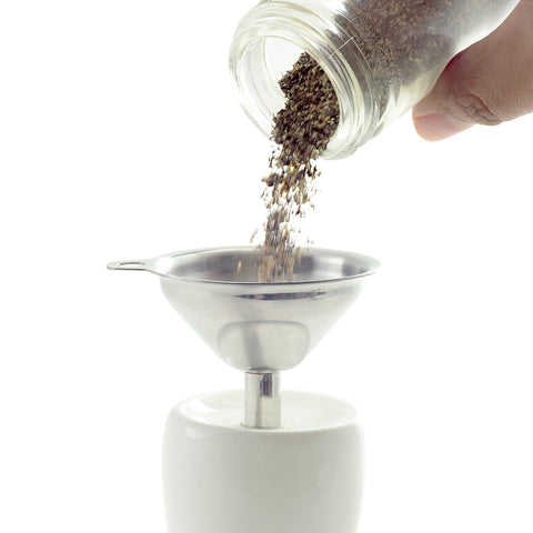 Norpro stainless steel funnels nest together with a clip-ring for organized storage