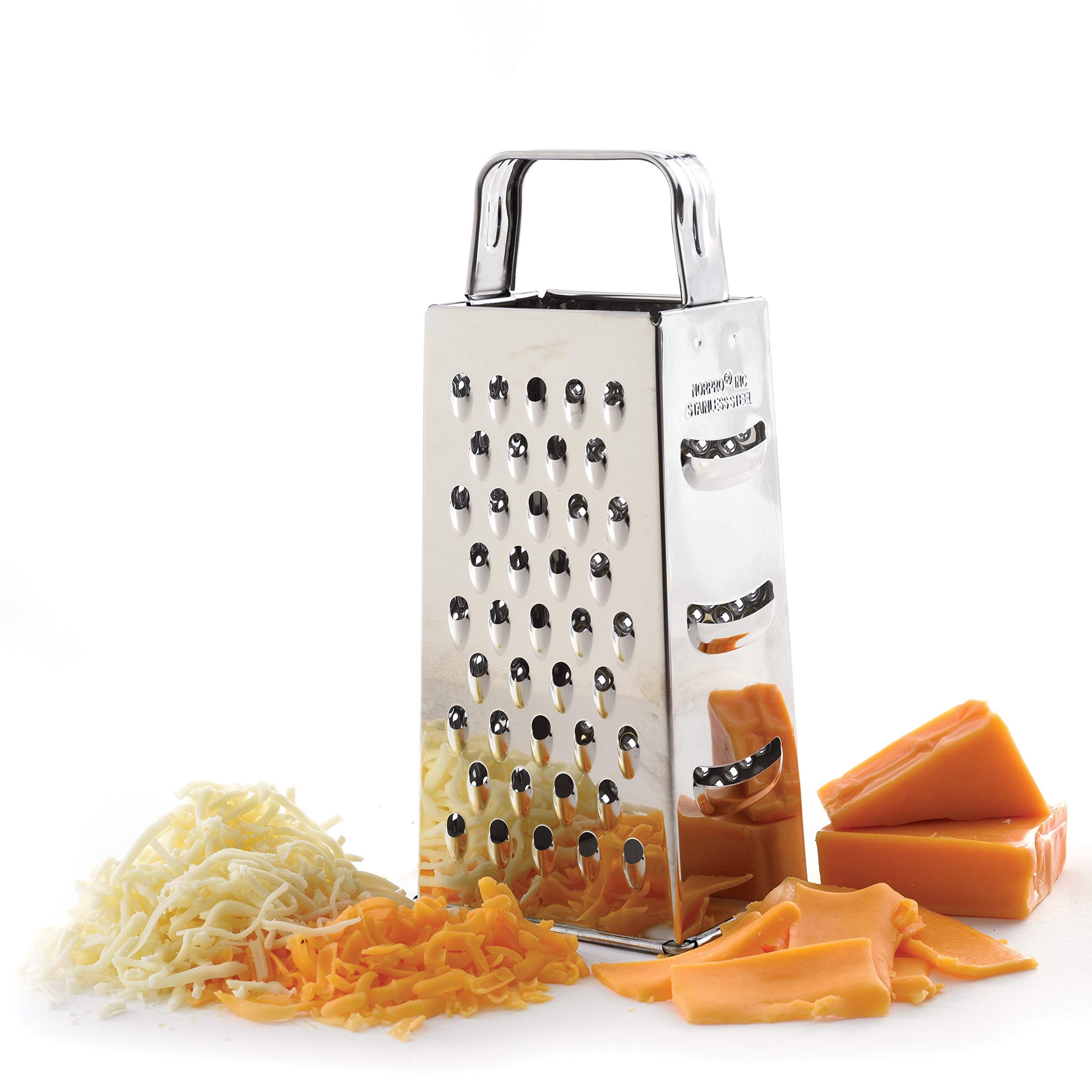 Norpro stainless steel grater showing coarse shred for cheese and vegetables.