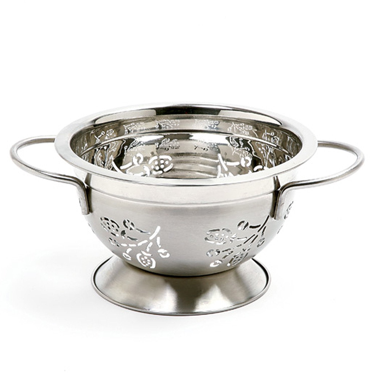 Norpro colander with strawberry cutouts for fast drainage and airflow.