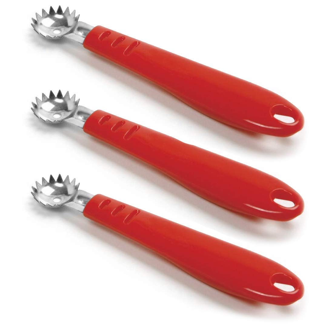 Norpro strawberry-tomato corer three-pack in use for quick cores