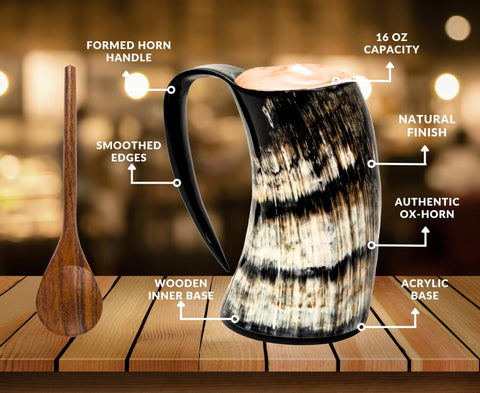 NORSE EMPIRE Viking horn cup with unique grain patterns for display and use.