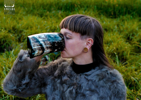 NORSE EMPIRE Ox horn mug 16oz ready for cold beer or hot coffee.