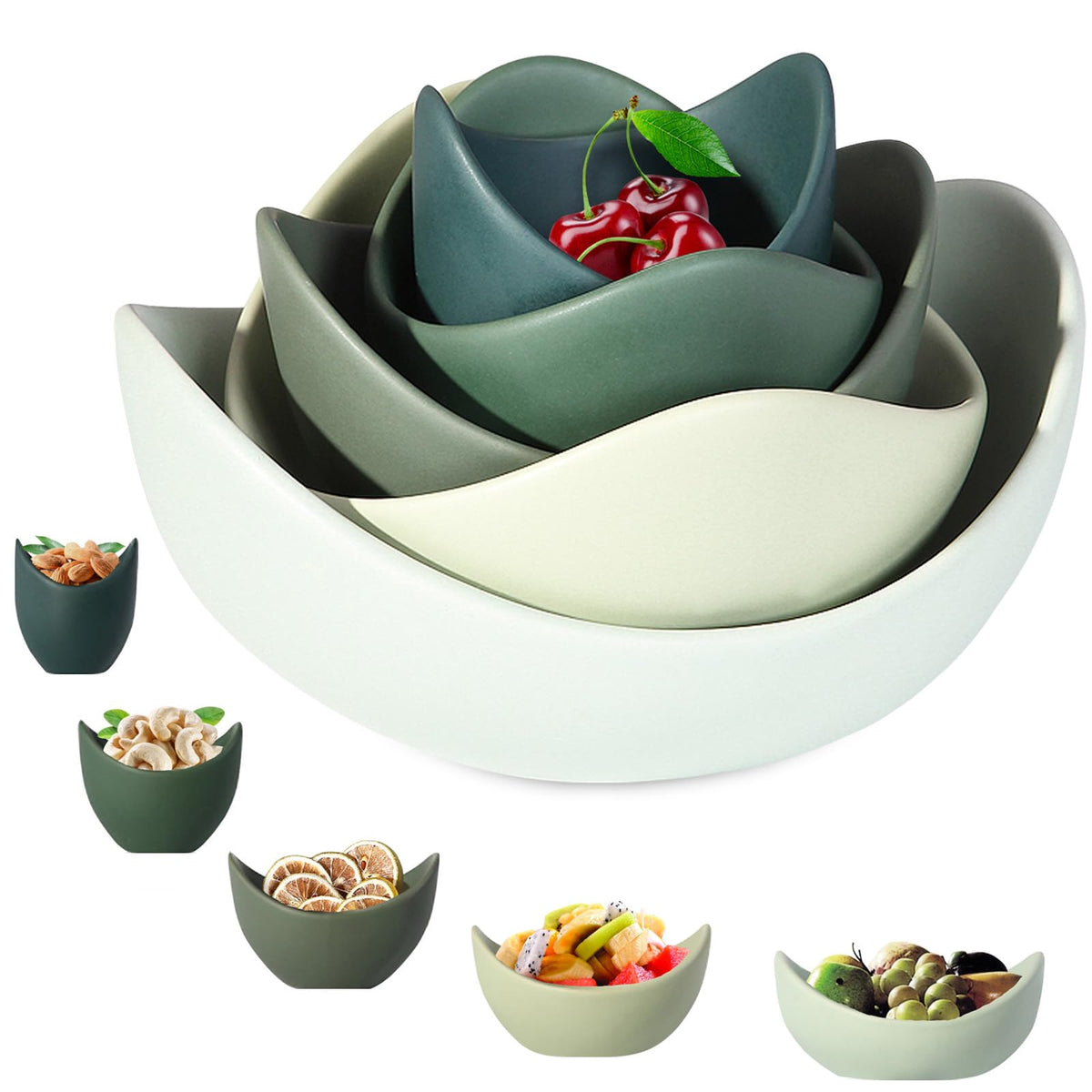 Notakia lotus-shaped pasta bowls in green, angled, ideal for stylish salads and pasta presentations.