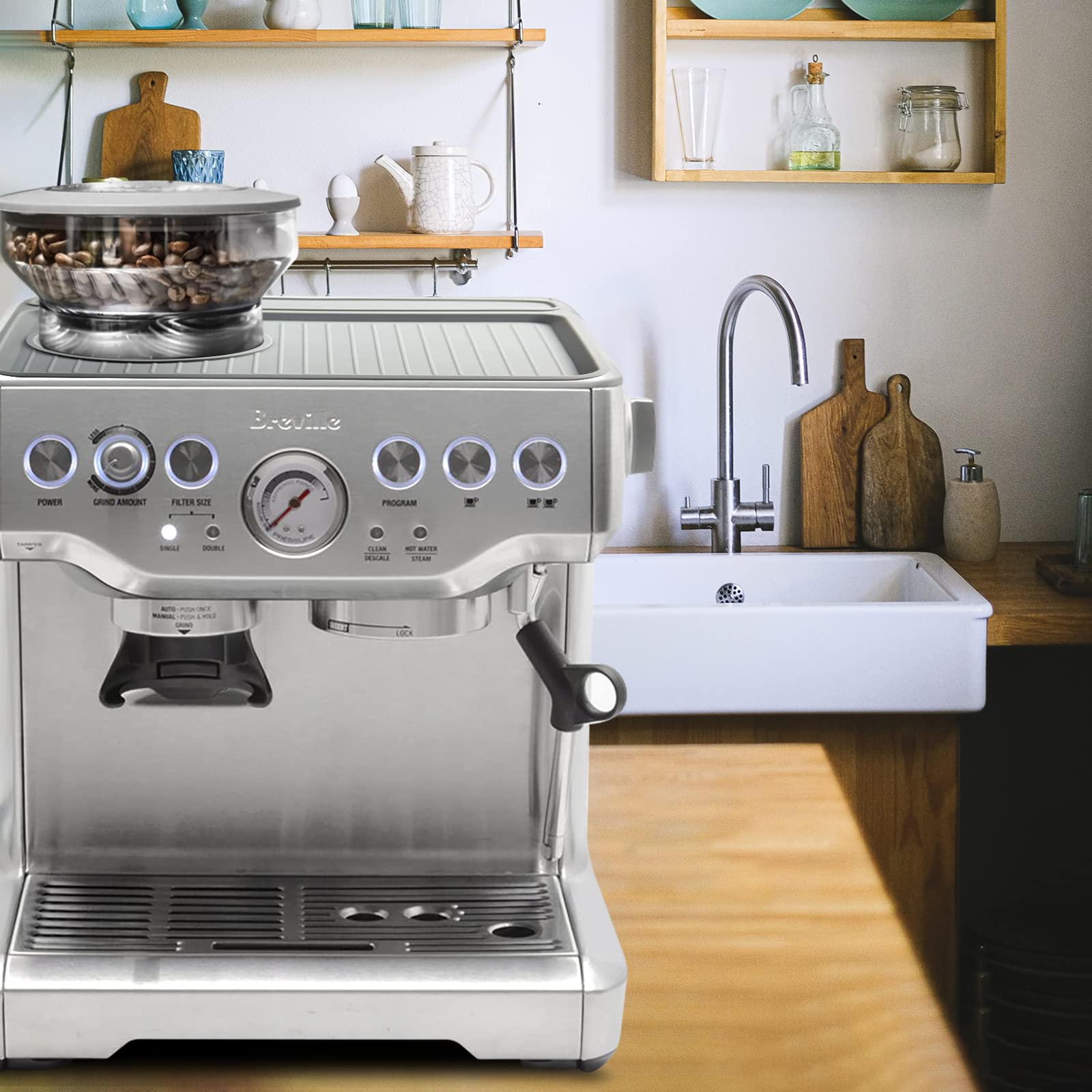NOTSEK durable top mat elevates espresso station and keeps counters tidy.