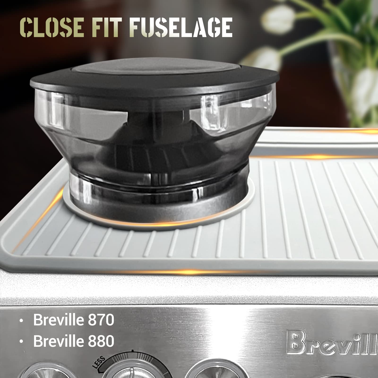 NOTSEK scratch-preventing mat guards Breville machine during tamping and prep.
