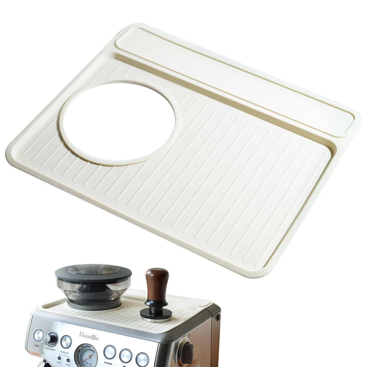 NOTSEK Tamping Mat on Breville top view showing surface protection and beige finish