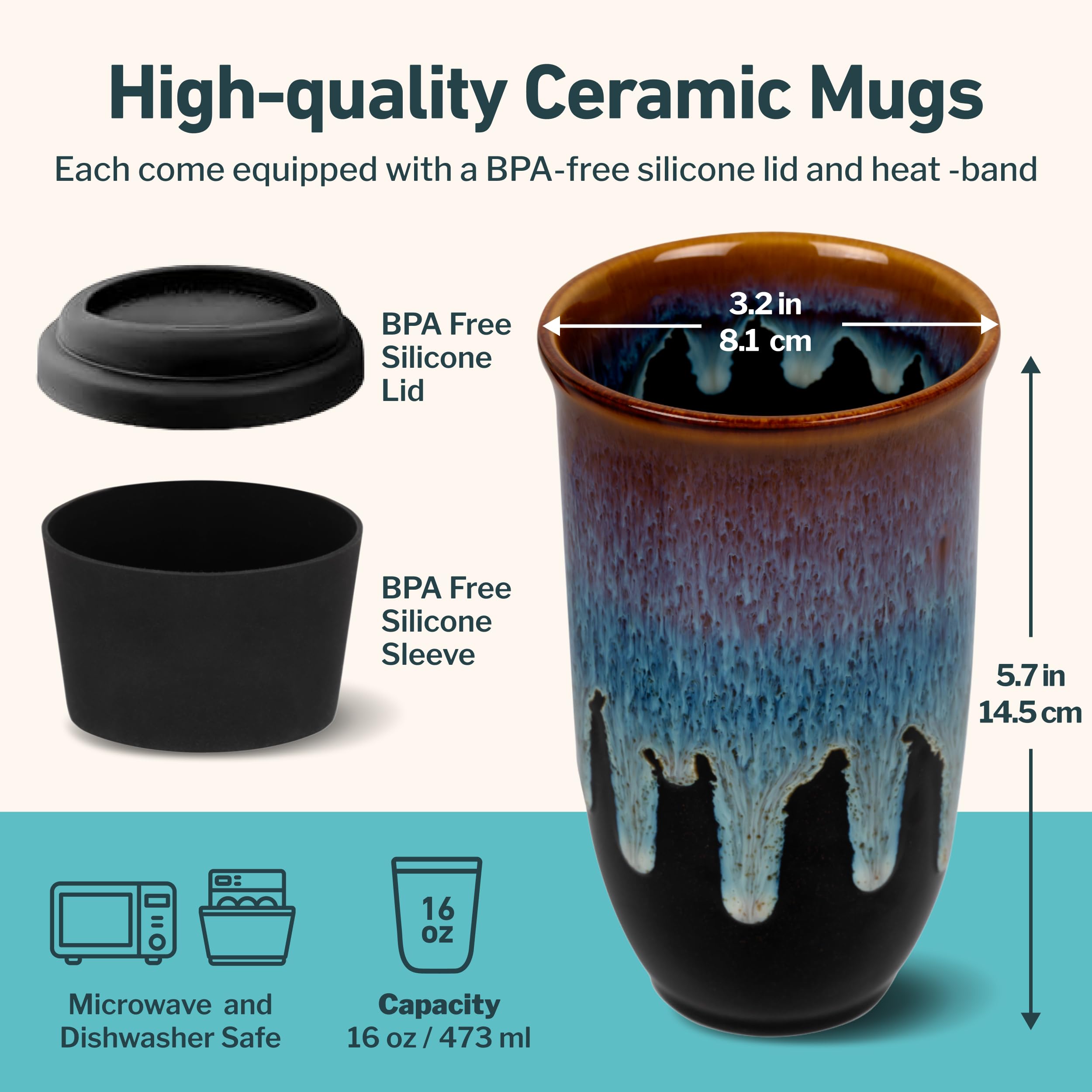 Nova Ceramics 16-ounce travel mug dimensions for easy fitting and handling.