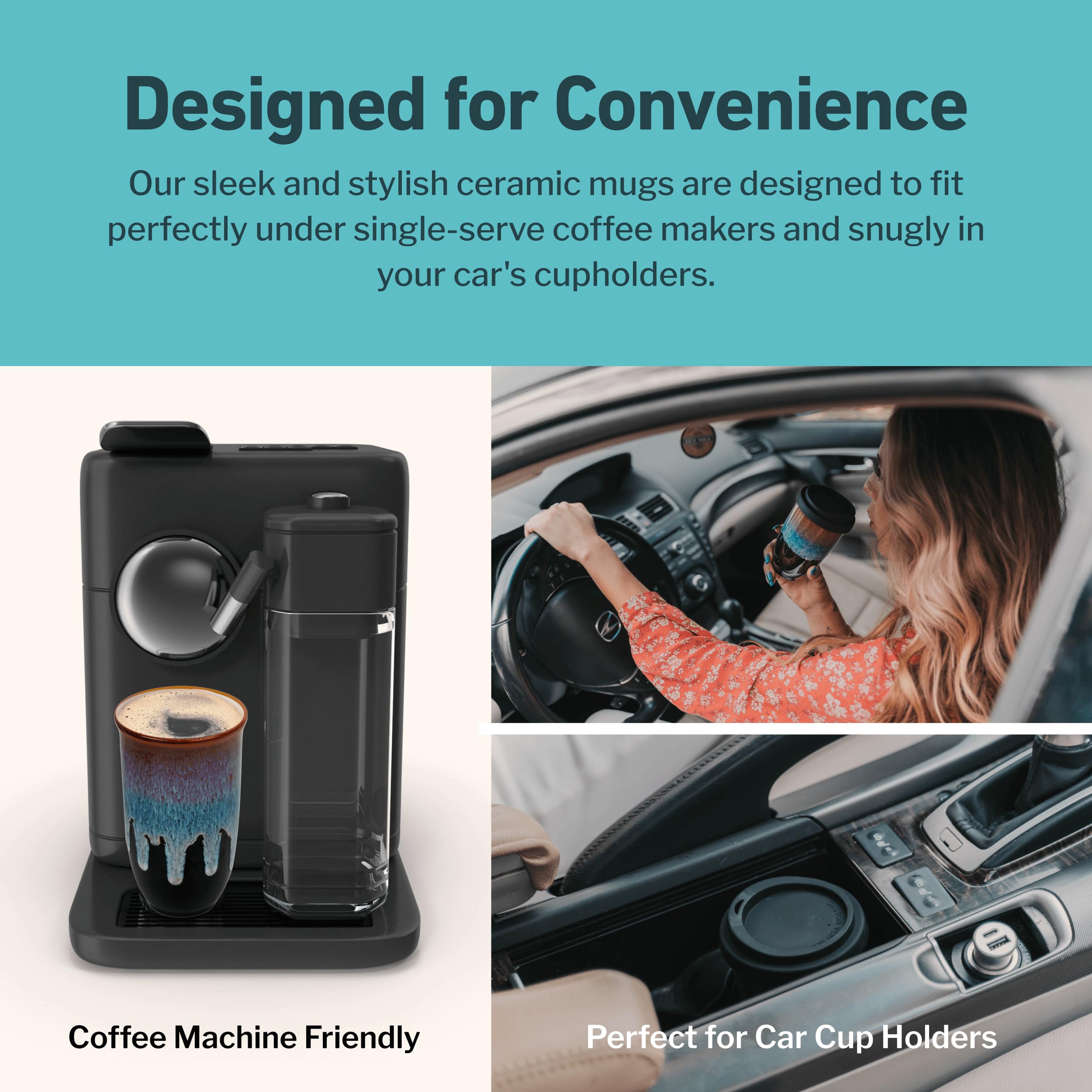 Nova Ceramics fits car cup holders for convenient driving coffee breaks.