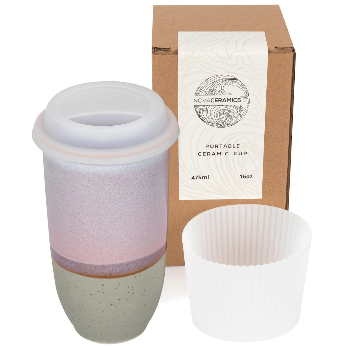 Nova Ceramics coffee travel mug with lid in white and purple glaze keeps flavor fresh on the go