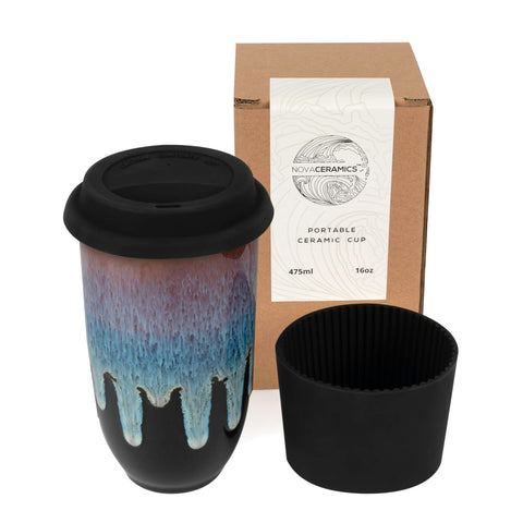 Nova Ceramics Monsoon mug with blue running glaze delivers a unique, stylish coffee experience.