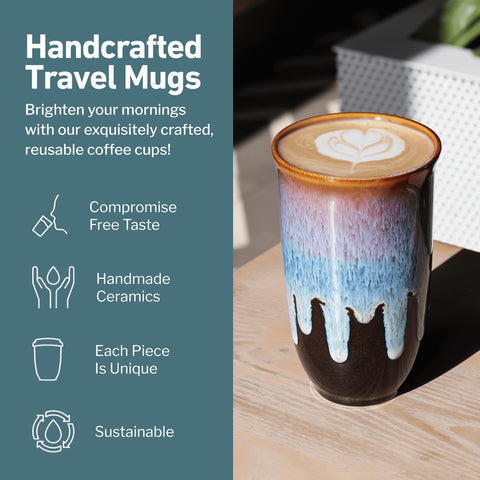 Nova Ceramics Monsoon mug in black base with blue glaze for chic travel use.