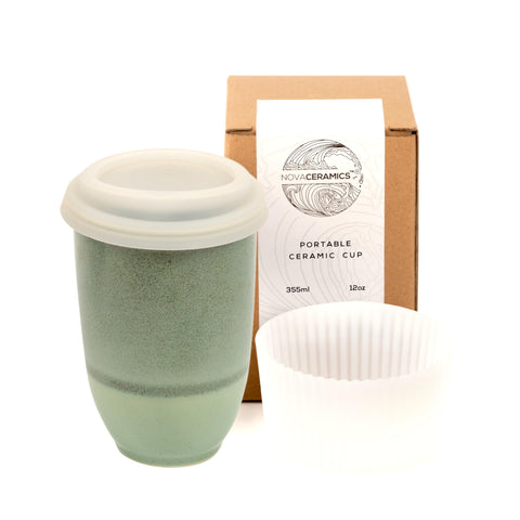 Nova Ceramics travel mug with emerald glaze preserves flavor and warmth.