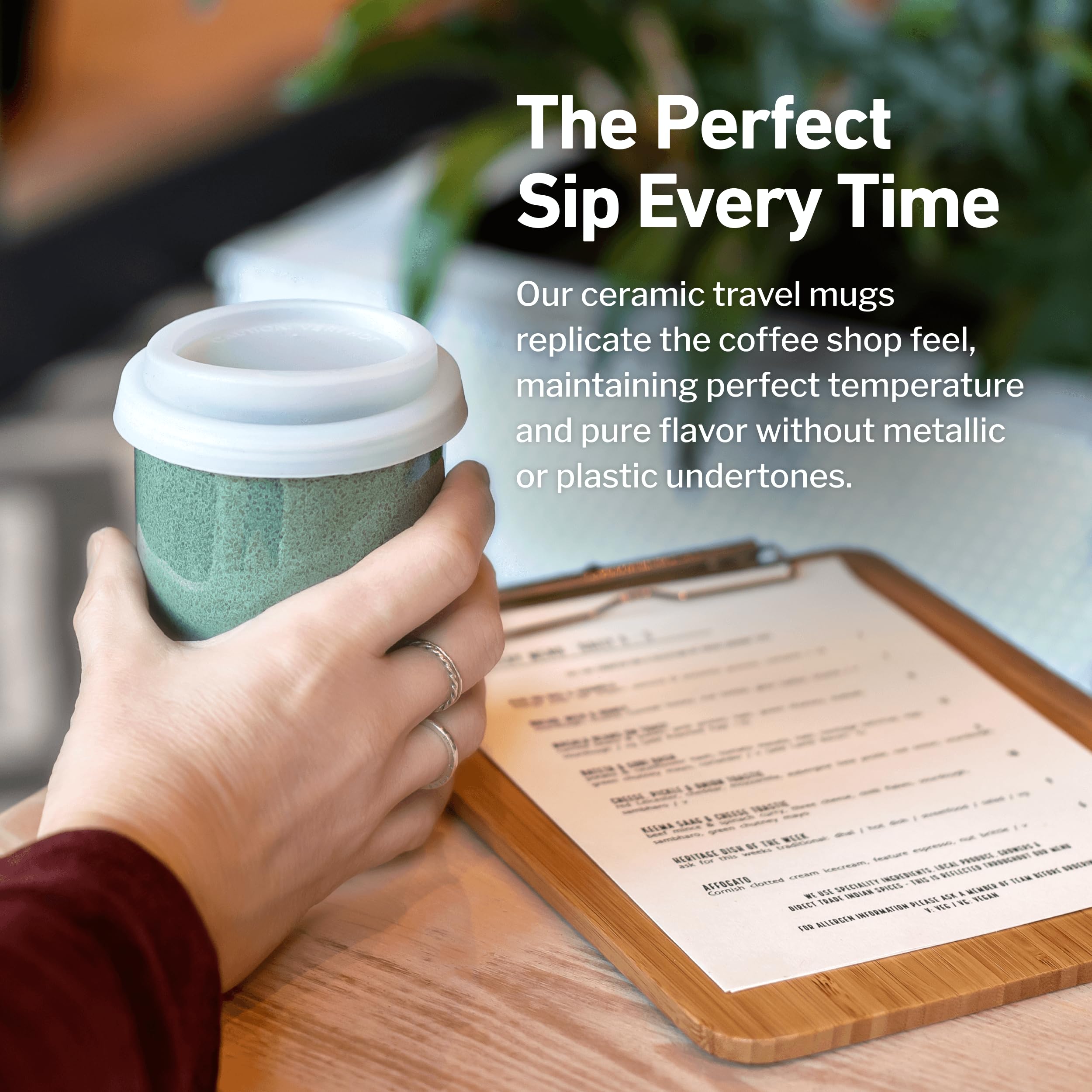 Nova Ceramics travel mug is microwave safe for quick reheats.