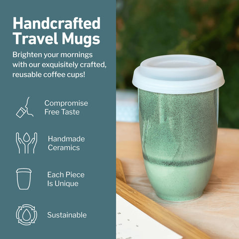 Nova Ceramics travel mug with two-tone green glaze for stylish everyday use.