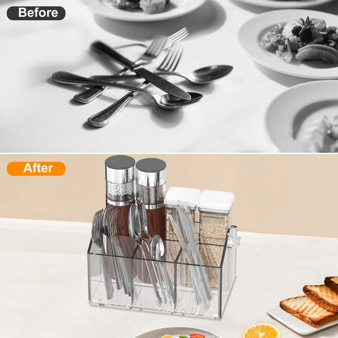 Novacrylion Acrylic Utensil Caddy on countertop keeps tableware neatly organized at home.