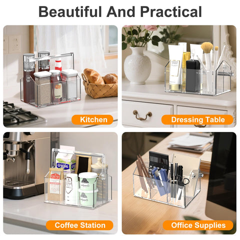 Novacrylion Acrylic Utensil Caddy offers four compartments for knives, forks, spoons, and napkins.