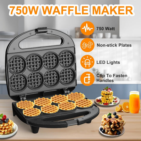 Novalife mini waffle maker pouring batter into double-sided plates for quick batches