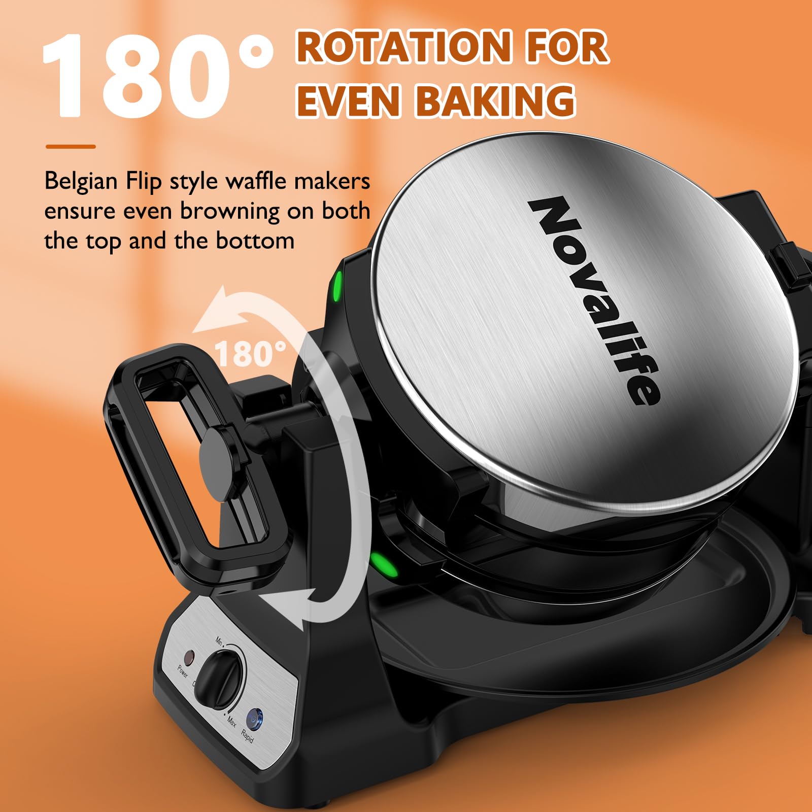 Novalife waffle maker 180-degree flip action demonstrates batter spread