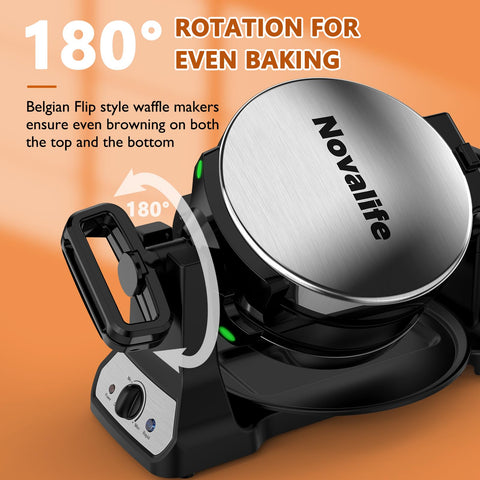 Novalife waffle maker 180-degree flip action demonstrates batter spread