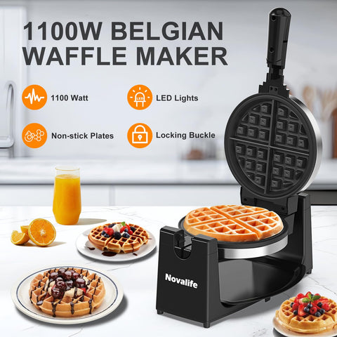 Novalife waffle maker 180 flip system ensures even batter distribution for fluffy waffles.
