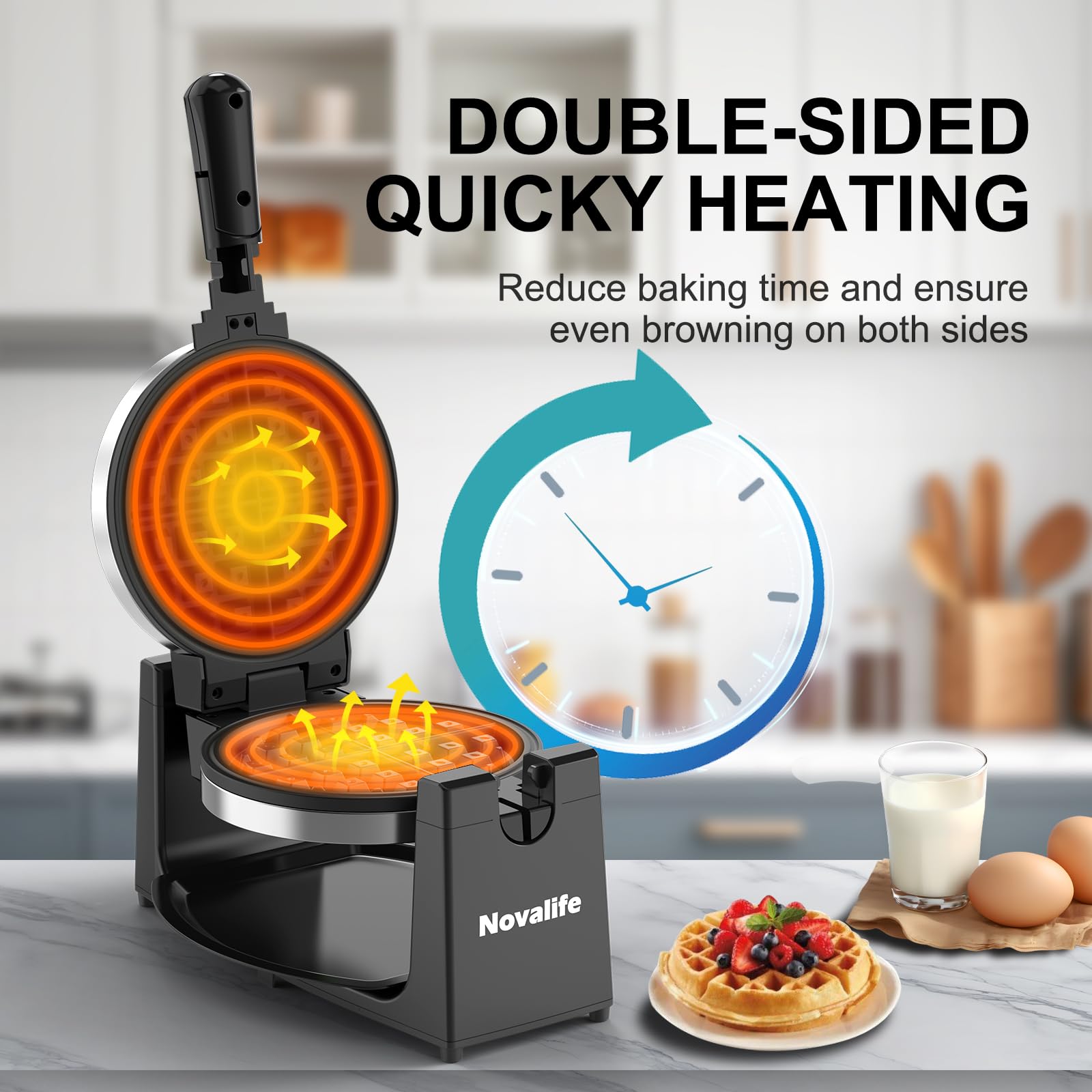 Novalife waffle maker double-sided plates deliver fast, even cooking and consistent results.