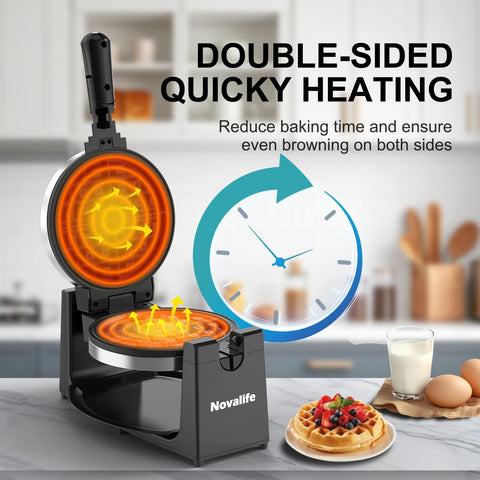 Novalife waffle maker double-sided plates deliver fast, even cooking and consistent results.