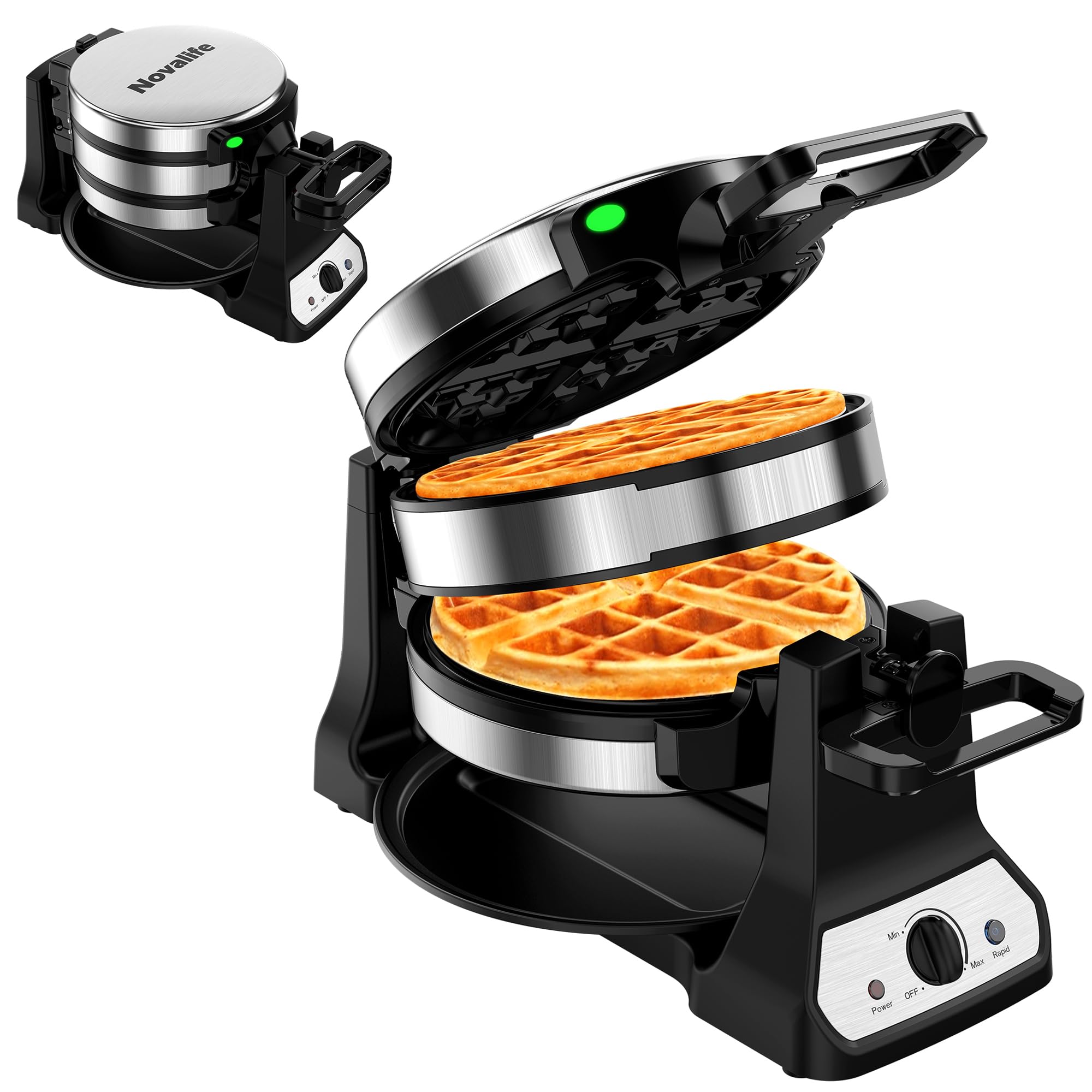 Novalife waffle maker front view showing stainless steel body for durability