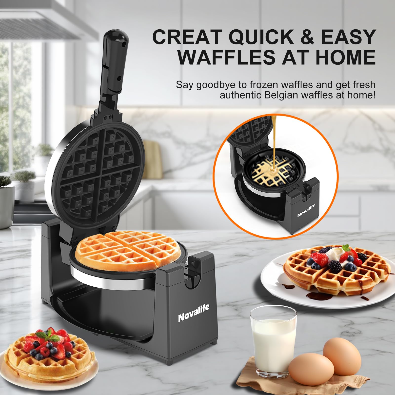 Novalife nonstick plates release waffles cleanly for easy removal.
